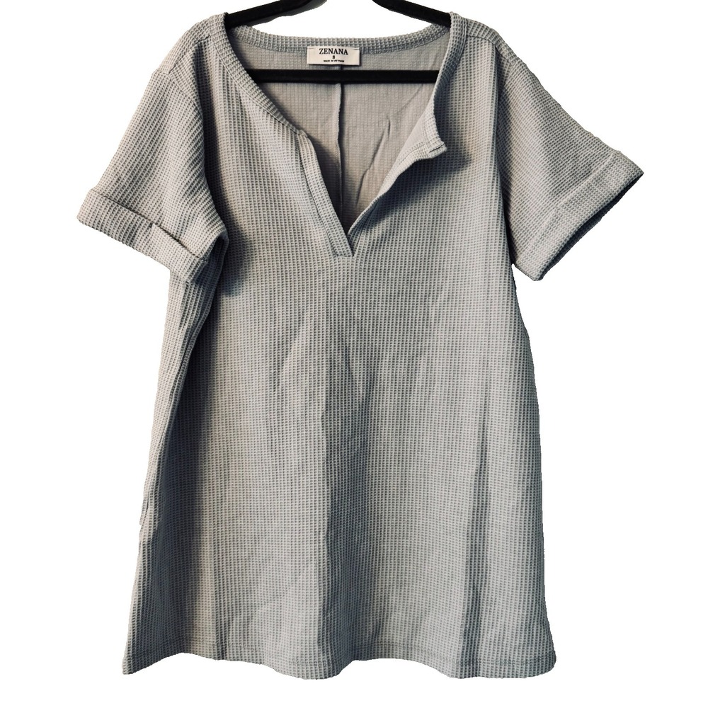 Zenana Mist Blue Gray Waffle Knit Split Neck Tunic Top NWOT Coastal Minimalist S